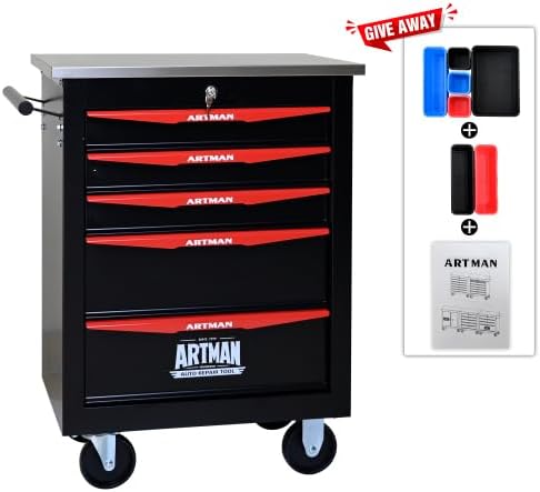Tool Box Cart with Braked Wheels,5 Drawer,Tool Cart with Lockable Drawers Secure,Metal Storage Cabinet Cart,Tool Storage for Garages,Warehouses,DIY Manager with Multiple Interconnectable