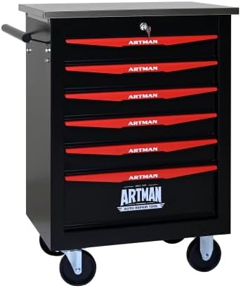Multifunctional Tool Cart with Wheels,Metal Rolling Tool Cart Storage for Garage Workshop Warehouse Repair Shop-with Stainless Steel Roof- Black&RED (Black+Red+6dra)