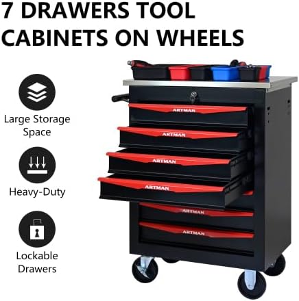 Tool Box Cart With Braked Wheels,7 Drawer,Lockable Secure Functional Rolling Tool Box,metal Storage Cabinet Cart,Tool Storage for Garages,Warehouses,DIY Manager with Multiple Interconnectable,BlackRed