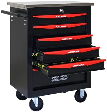 Multifunctional Tool Cart with Wheels,Metal Rolling Tool Cart Storage for Garage Workshop Warehouse Repair Shop-with Stainless Steel Roof- Black&RED (Black+Red+6dra)