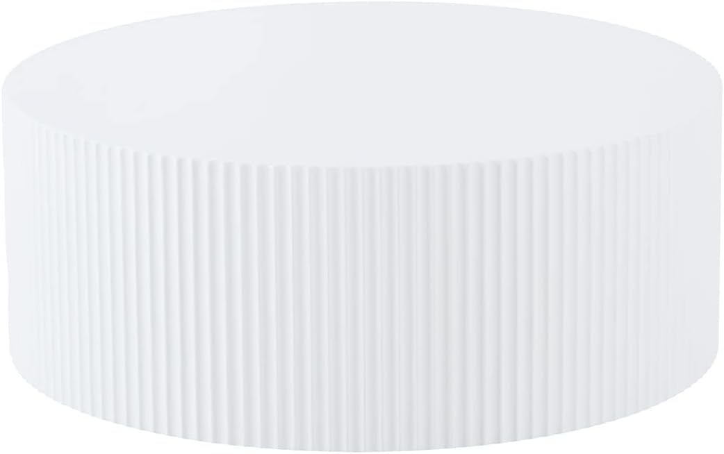 White Round Coffee Table Set of 3 Modern Drum Circle Nesting Coffee Tables for Living Room, Contemporary Wood Fluted Embossed Round+Small Crescent Coffee Table, No Assembly, White(3-Pcs)