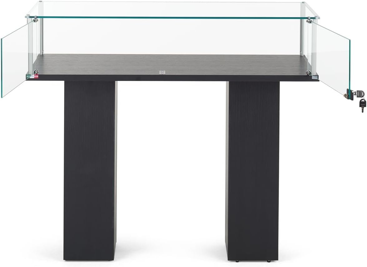 Free-Standing Tempered Glass Display Case, with 2 Pedestal Style Legs and Black Veneer