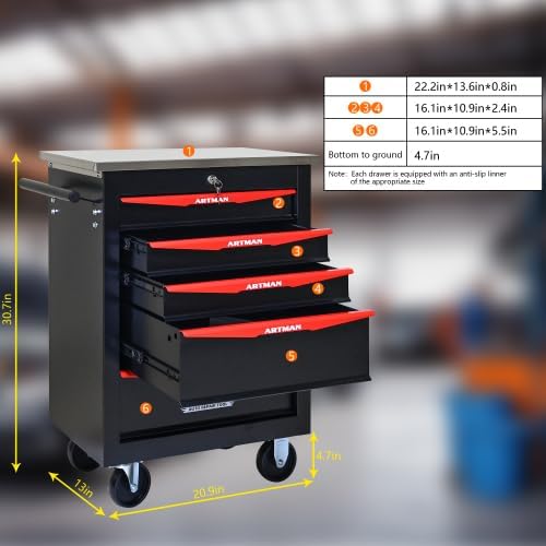 Tool Box Cart with Braked Wheels,5 Drawer,Tool Cart with Lockable Drawers Secure,Metal Storage Cabinet Cart,Tool Storage for Garages,Warehouses,DIY Manager with Multiple Interconnectable