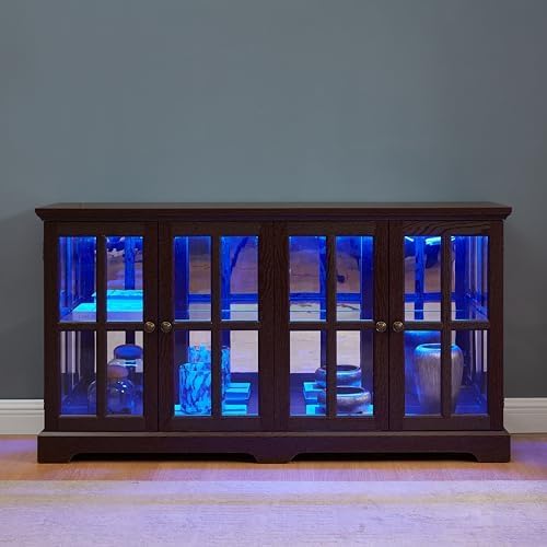 KEIKI Curio Cabinet, Lighted Glass Display Cabinet w/ 4 Glass Doors & Adjustable Shelves, Lighted Showcase with Light Strip, TV Stand, Cherry