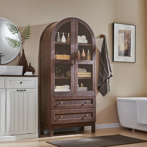 IFBUY 71' Tall Arched Bookshelf, 4-Tier Bookcase with Glass Doors and Shelves, Wooden Display Cabinet w/2 Large Storage Drawers, Modern Farmhouse Versatile Bookshelf for Living Room, Bedroom, Brown