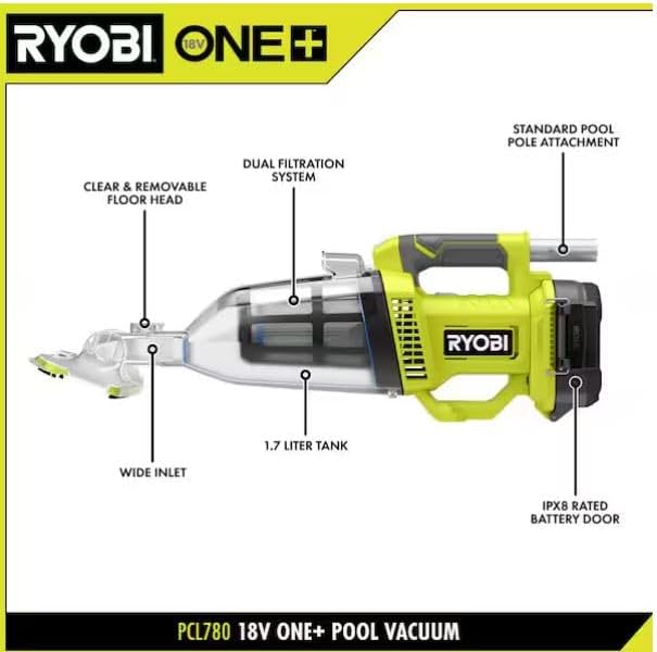 RYOBI ONE+ 18V Handheld Cordless Pool Vacuum Cleaner (Tool Only) with Floor Head (Renewed)