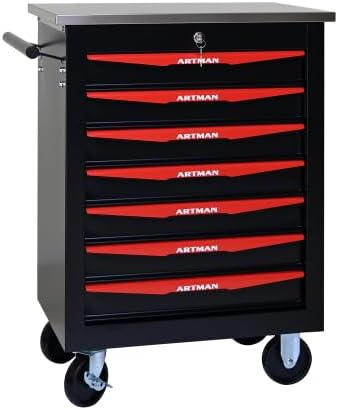 Tool Box Cart With Braked Wheels,7 Drawer,Lockable Secure Functional Rolling Tool Box,metal Storage Cabinet Cart,Tool Storage for Garages,Warehouses,DIY Manager with Multiple Interconnectable,BlackRed