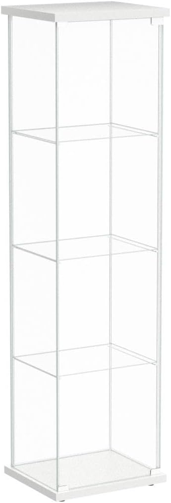 JT Glass Display Cabinet 4 Shelves with Light and Door, Easy to Install, Solid Tempered Glass, Floor Standing Curio Bookshelf for Living Room Bedroom Office (White)