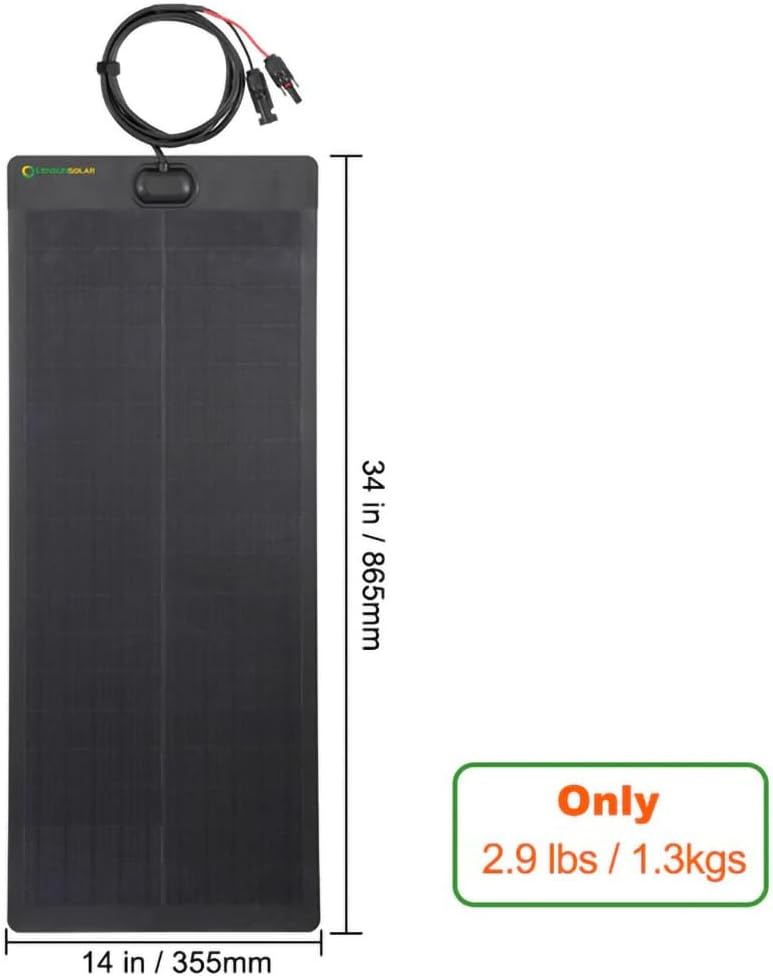 LensunSolar 50W Full Black Flexible Solar Panel, 34x14in, Waterproof Lightweight with Highest Efficiency PERC Mono Solar Cells for RV,Tent,Van