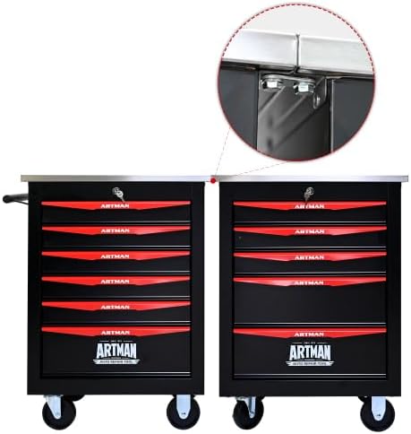 Multifunctional Tool Cart with Wheels,Metal Rolling Tool Cart Storage for Garage Workshop Warehouse Repair Shop-with Stainless Steel Roof- Black&RED (Black+Red+6dra)