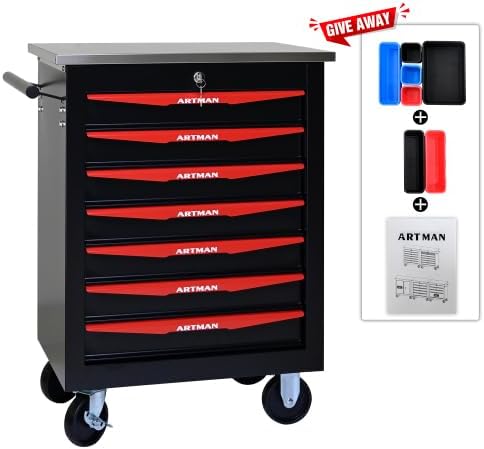 Tool Box Cart With Braked Wheels,7 Drawer,Lockable Secure Functional Rolling Tool Box,metal Storage Cabinet Cart,Tool Storage for Garages,Warehouses,DIY Manager with Multiple Interconnectable,BlackRed