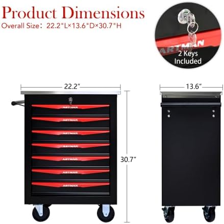 Tool Box Cart With Braked Wheels,7 Drawer,Lockable Secure Functional Rolling Tool Box,metal Storage Cabinet Cart,Tool Storage for Garages,Warehouses,DIY Manager with Multiple Interconnectable,BlackRed