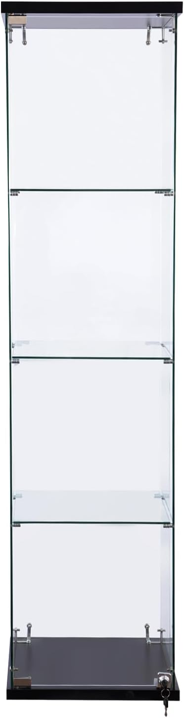 WISDOMFUR 16''x 63'' Frameless Glass Display Cabinet Showcase Glass Cube with Lock, Tempered Glass 4 Shelf Single Door, MDF Base - White & Black (Black), CT1660