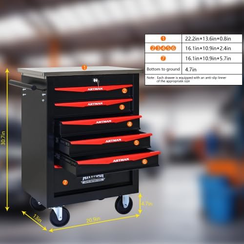 Multifunctional Tool Cart with Wheels,Metal Rolling Tool Cart Storage for Garage Workshop Warehouse Repair Shop-with Stainless Steel Roof- Black&RED (Black+Red+6dra)