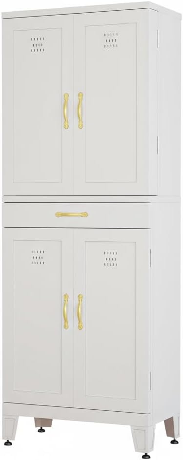 DWVO Metal Storage Cabinet, 71' Kitchen Pantry Cabinet with 4 Door & 4 Adjustable Shelves & Drawer & Door Rack, 6-Tier Tall White Steel Cabinets for Kitchen, Living Room, Dining Room