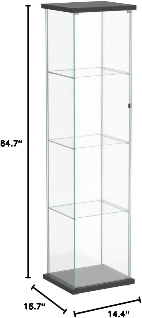 JT Glass Display Cabinet 4 Shelves with Light and Door, Easy to Install, Solid Tempered Glass, Floor Standing Curio Bookshelf for Living Room Bedroom Office (Black)