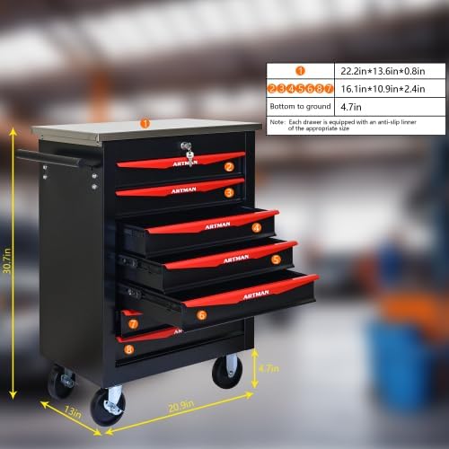 Tool Box Cart With Braked Wheels,7 Drawer,Lockable Secure Functional Rolling Tool Box,metal Storage Cabinet Cart,Tool Storage for Garages,Warehouses,DIY Manager with Multiple Interconnectable,BlackRed