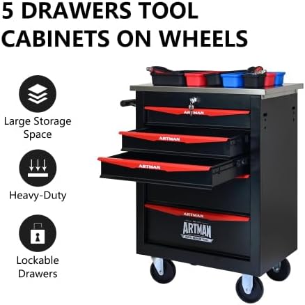 Tool Box Cart with Braked Wheels,5 Drawer,Tool Cart with Lockable Drawers Secure,Metal Storage Cabinet Cart,Tool Storage for Garages,Warehouses,DIY Manager with Multiple Interconnectable
