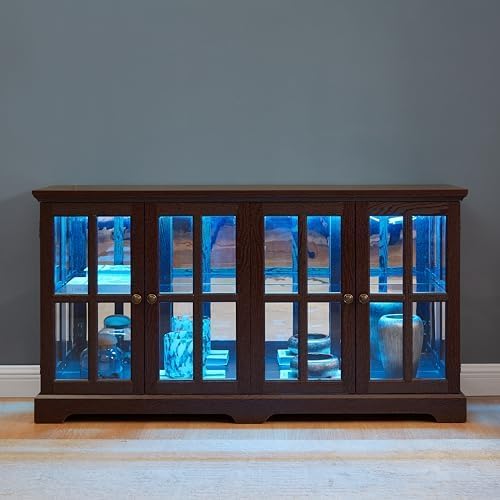 KEIKI Curio Cabinet, Lighted Glass Display Cabinet w/ 4 Glass Doors & Adjustable Shelves, Lighted Showcase with Light Strip, TV Stand, Cherry
