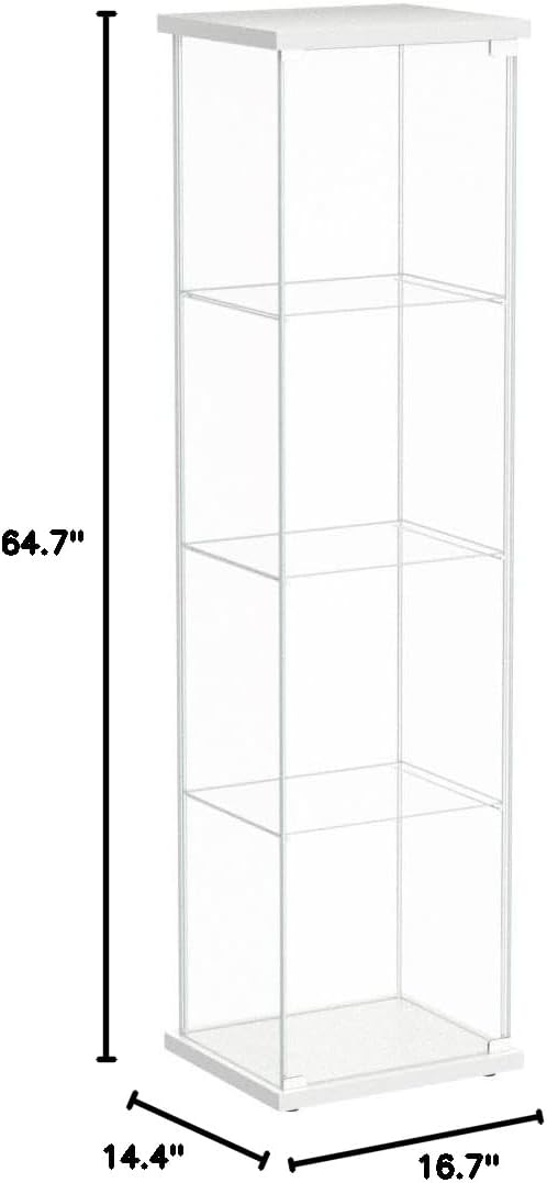 JT Glass Display Cabinet 4 Shelves with Light and Door, Easy to Install, Solid Tempered Glass, Floor Standing Curio Bookshelf for Living Room Bedroom Office (White)
