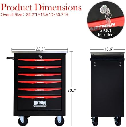 Multifunctional Tool Cart with Wheels,Metal Rolling Tool Cart Storage for Garage Workshop Warehouse Repair Shop-with Stainless Steel Roof- Black&RED (Black+Red+6dra)