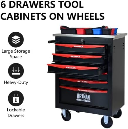 Multifunctional Tool Cart with Wheels,Metal Rolling Tool Cart Storage for Garage Workshop Warehouse Repair Shop-with Stainless Steel Roof- Black&RED (Black+Red+6dra)