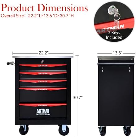 Tool Box Cart with Braked Wheels,5 Drawer,Tool Cart with Lockable Drawers Secure,Metal Storage Cabinet Cart,Tool Storage for Garages,Warehouses,DIY Manager with Multiple Interconnectable