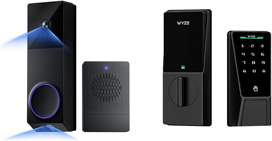 Bundle of WYZE Wireless Duo Cam Video Doorbell (Chime Included) + Wyze Palm Lock, 2K Full HD Video, 2 Cameras (People and Package), Keyless Entry Smart Locks for Front Door, Dual Battery, Wi-Fi