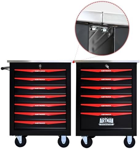 Tool Box Cart With Braked Wheels,7 Drawer,Lockable Secure Functional Rolling Tool Box,metal Storage Cabinet Cart,Tool Storage for Garages,Warehouses,DIY Manager with Multiple Interconnectable,BlackRed