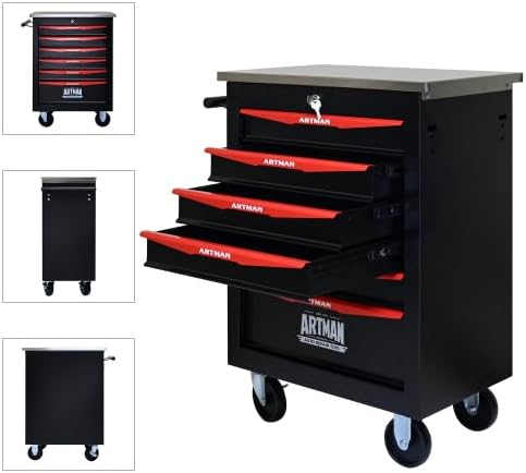 Multifunctional Tool Cart with Wheels,Metal Rolling Tool Cart Storage for Garage Workshop Warehouse Repair Shop-with Stainless Steel Roof- Black&RED (Black+Red+6dra)
