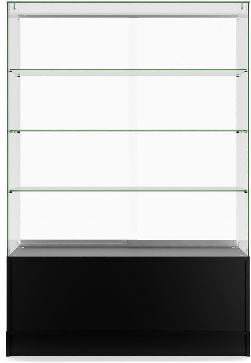 Displays2go 48 Inch Glass Display Cabinet with 3 Glass Shelves, Separate Storage Area in Base, Sliding Doors (Black)