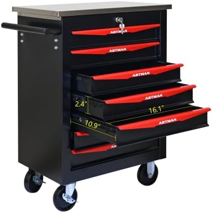 Tool Box Cart With Braked Wheels,7 Drawer,Lockable Secure Functional Rolling Tool Box,metal Storage Cabinet Cart,Tool Storage for Garages,Warehouses,DIY Manager with Multiple Interconnectable,BlackRed