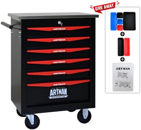 Multifunctional Tool Cart with Wheels,Metal Rolling Tool Cart Storage for Garage Workshop Warehouse Repair Shop-with Stainless Steel Roof- Black&RED (Black+Red+6dra)