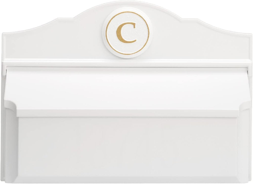 Whitehall Custom Wall Mount Mailbox Package - Mail Box with Monogram, Sand Cast Aluminum, Classic Design White Personalized in Goldtone