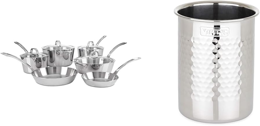 Viking Culinary Contemporary 3-Ply Stainless Steel Cookware Set, 10 Piece, Dishwasher, Oven Safe & Culinary Hammered Stainless Steel Utensil Holder, Dishwasher Safe,Silver 6.75' x 4.75'