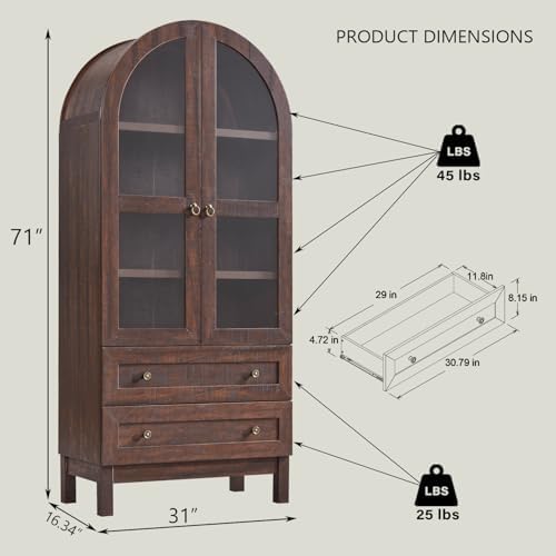 IFBUY 71' Tall Arched Bookshelf, 4-Tier Bookcase with Glass Doors and Shelves, Wooden Display Cabinet w/2 Large Storage Drawers, Modern Farmhouse Versatile Bookshelf for Living Room, Bedroom, Brown