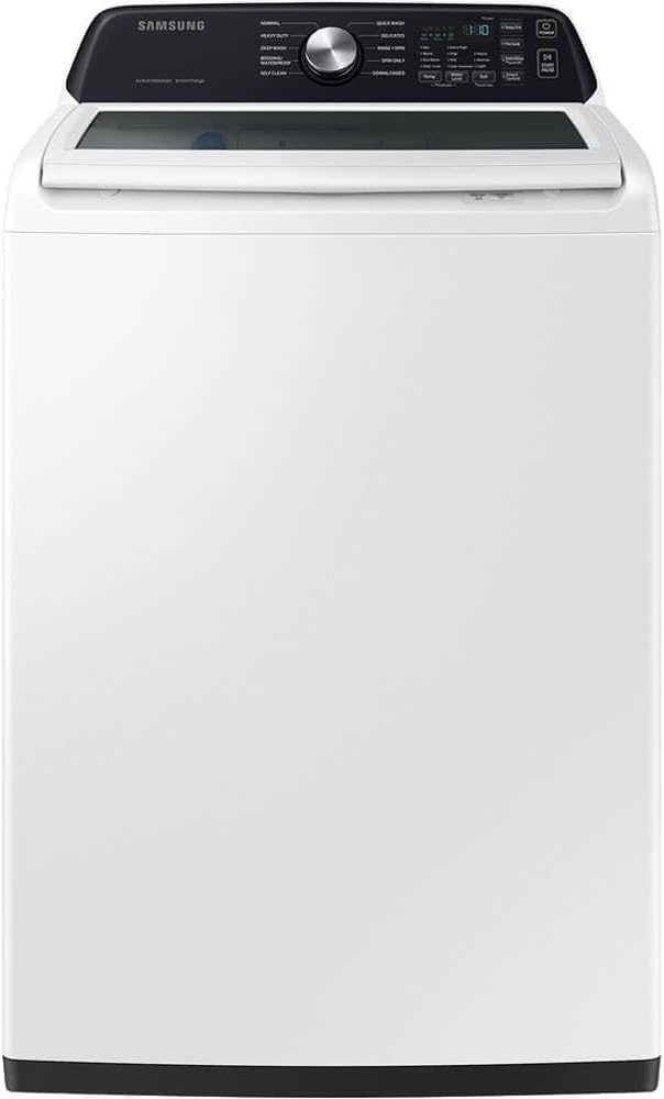 Samsung White Top Load High-Efficiency Smart Washer/Dryer Pair 4.7 Cu Ft Washer 7.4 Cu Ft Electric Dryer with Vent Power Cable 2 Water Hoses and 12 Month CPS Protection Plan