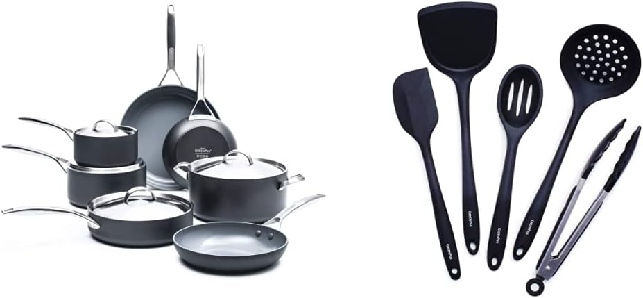 GreenPan Paris Pro Hard Anodized Healthy Ceramic Nonstick, 11 Piece Cookware Pots and Pans Set with Stainless Steel Lids, PFAS-Free, Dishwasher Safe, Grey & Cooking Tools 5 Piece Utensil Set, Black
