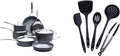 GreenPan Paris Pro Hard Anodized Healthy Ceramic Nonstick, 11 Piece Cookware Pots and Pans Set with Stainless Steel Lids, PFAS-Free, Dishwasher Safe, Grey & Cooking Tools 5 Piece Utensil Set, Black