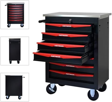 Tool Box Cart With Braked Wheels,7 Drawer,Lockable Secure Functional Rolling Tool Box,metal Storage Cabinet Cart,Tool Storage for Garages,Warehouses,DIY Manager with Multiple Interconnectable,BlackRed