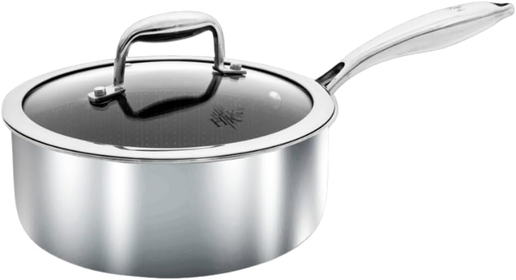 Hell's Kitchen Hybrid 2.5 Qt Saucepan with Lid, Tri-Clad Stainless Steel, PFAS-Free Ceramic Nonstick, no PFOA, PTFE, Teflon, Non Toxic Cookware, Metal Utensil Resistant, All Cooktops and Oven Safe