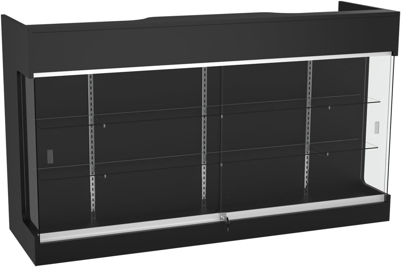 72' W x 22' D x 42' H - Ledgetop Checkout Counter with Glass Showcase View Front, Black Wooden Cash Register Stand with Showcase,Retail Glass Display Cabinet Counter