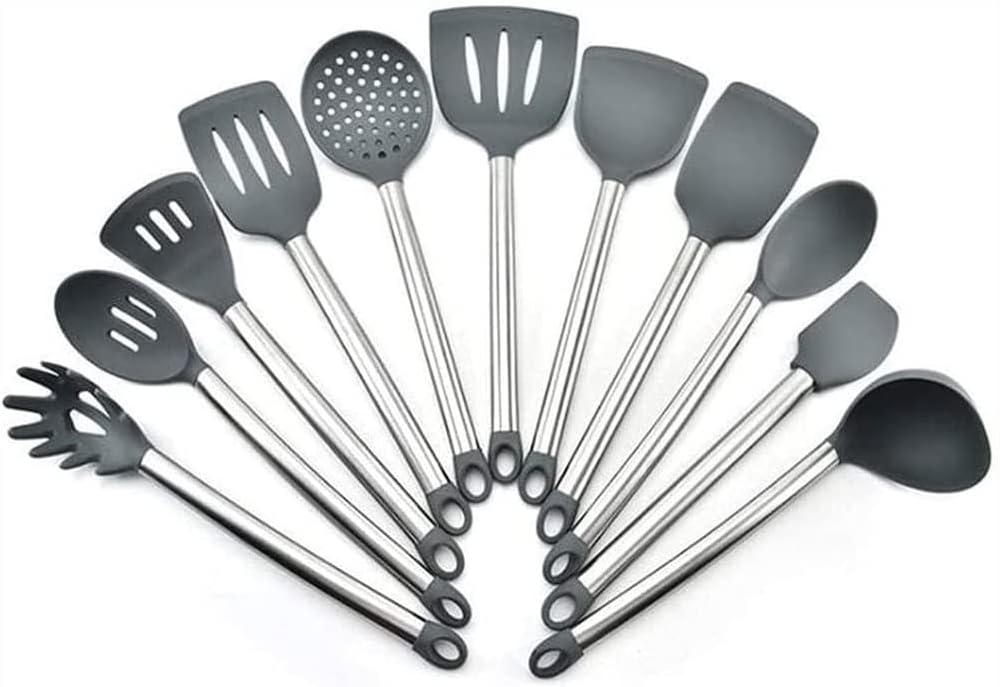 Silicone Kitchen Cooking Utensil Set, 11 Pieces Stainless Steel Silicone Kitchen Utensils Set, BPA Free Non-Toxic Silicone Cooking Utensils (Gray)