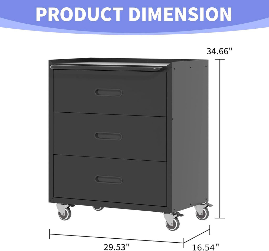 Metal Garage Storage Cabinet with Wheels, Rolling Tool Cabinet with 3 Drawers, Heavy Duty Mobile Steel Cabinet for Garage Warehouse Workshop