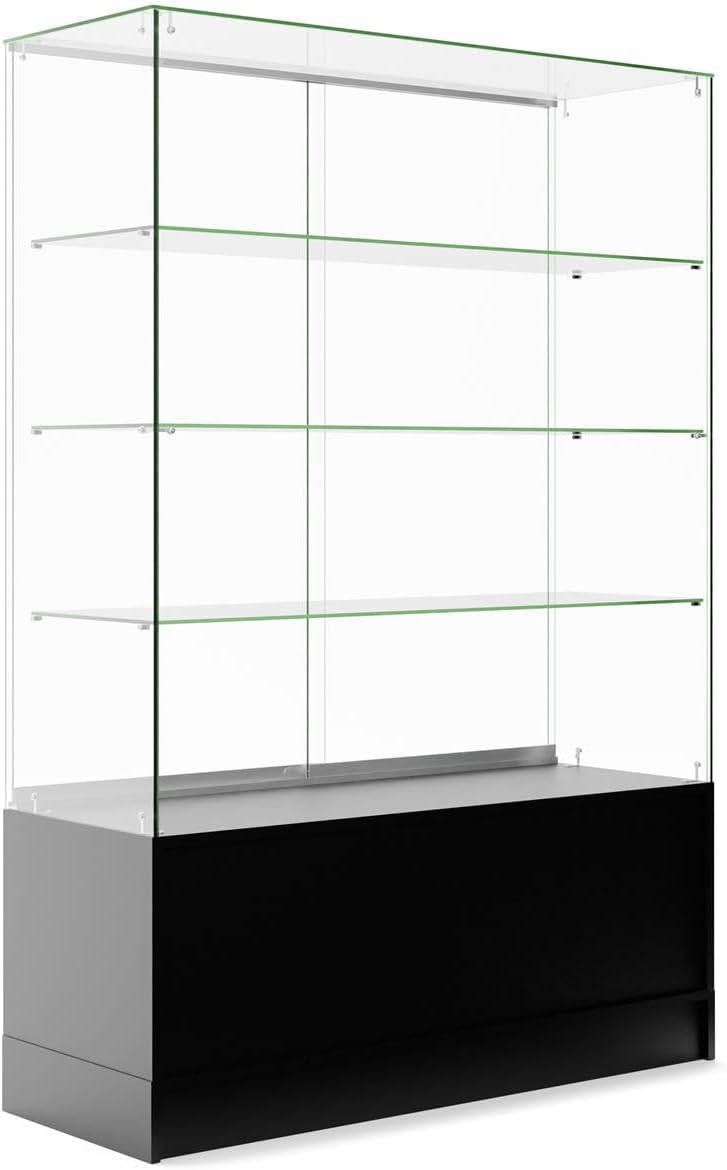 Displays2go 48 Inch Glass Display Cabinet with 3 Glass Shelves, Separate Storage Area in Base, Sliding Doors (Black)