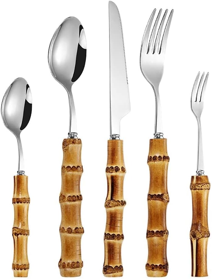 60-Piece Bamboo Handle Silverware Flatware Set for 12 - Premium 18/8 Stainless Steel Cutlery, Dishwasher Safe - Natural Bamboo Design for Wedding Dining