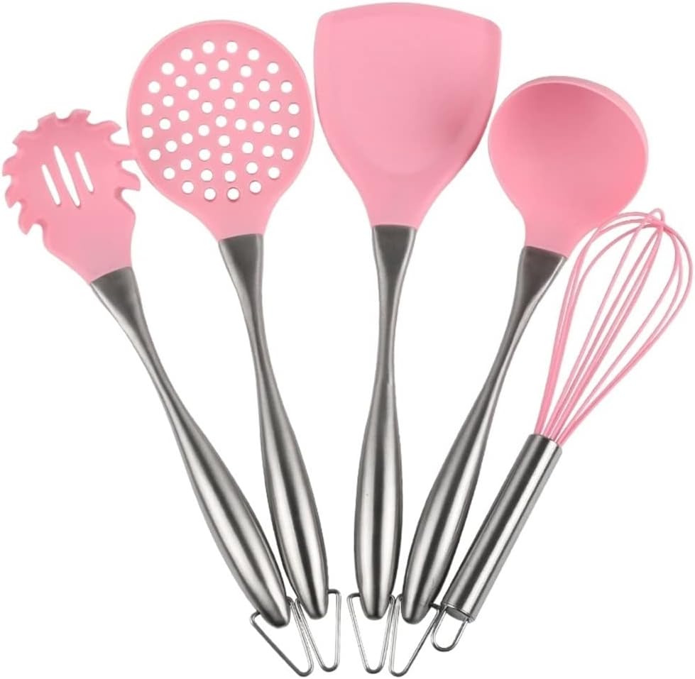 TOEWOE Silicone Kitchen Cooking Utensil Set, Stainless Steel Silicone Kitchen Utensils Spatula Set for Nonstick Cookware, BPA Free, Kitchen Gadgets Kitchen Tools, 5 Piece