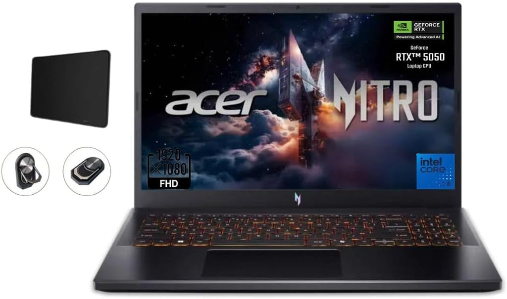 acer Nitro V Gaming Laptop, 15.6' FHD IPS Display, 165Hz, Intel i5-13420H, NVIDIA GeForce RTX 5050 with 8GB GDDR7 VRAM, 16GB RAM, 512GB SSD, BK, Win11H, Obsidian Black, TWE Accessories