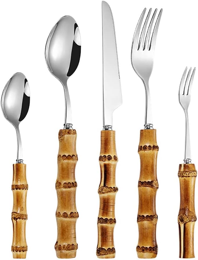 bamboo flatware sets, bamboo handle cutlery set, household kitchen utensil flatware sets for 6, recommend Hand Washing (30 pieces)