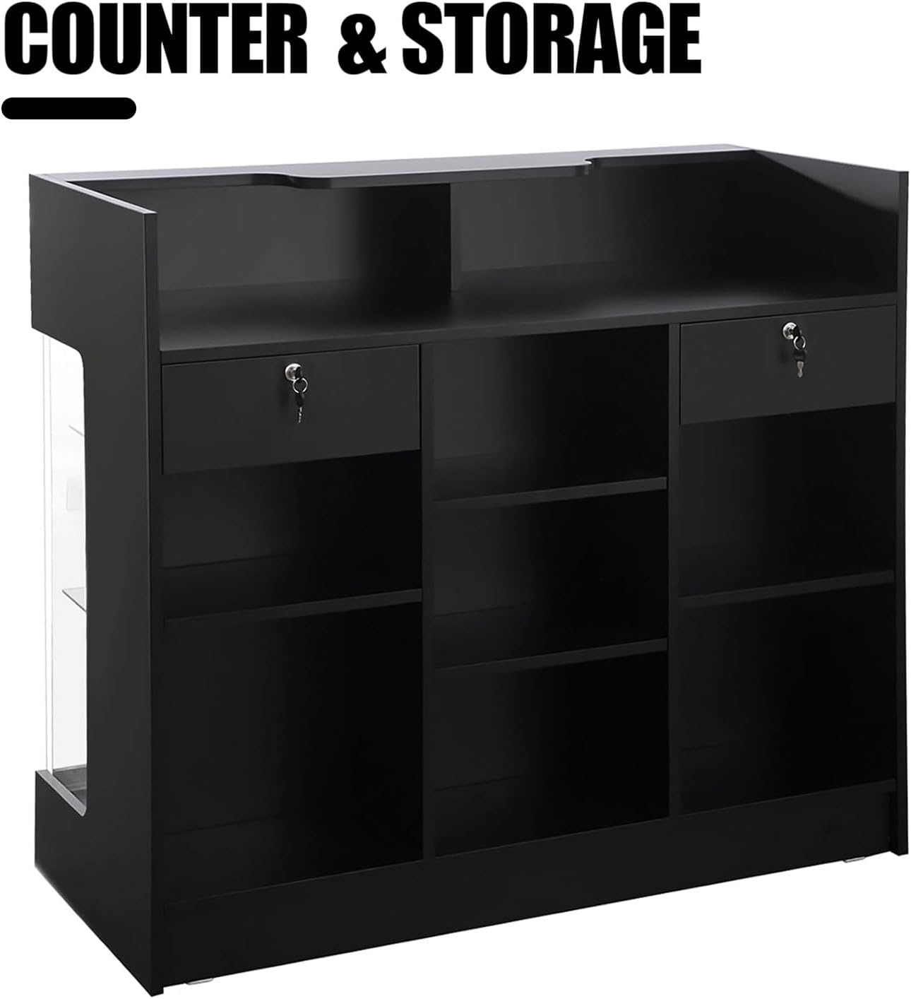 48' W x 22' D x 42' H - Retail Sales Counter with Adjustable Glass Shelves, Tempered Glass, Black Laminated Particle Board, Locking Drawers